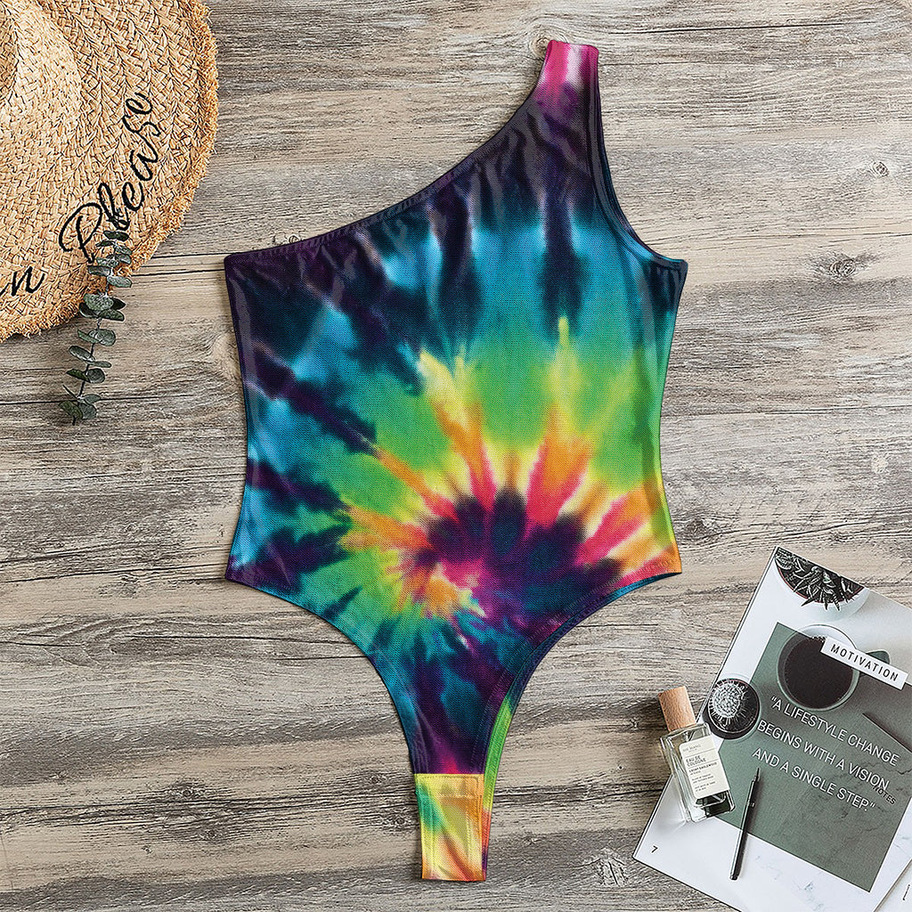 Black And Rainbow Tie Dye Print One Shoulder Bodysuit