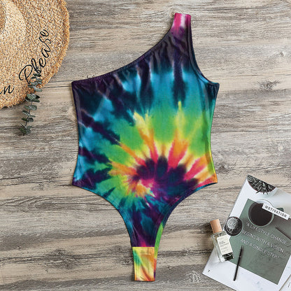 Black And Rainbow Tie Dye Print One Shoulder Bodysuit