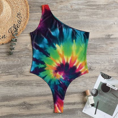 Black And Rainbow Tie Dye Print One Shoulder Bodysuit
