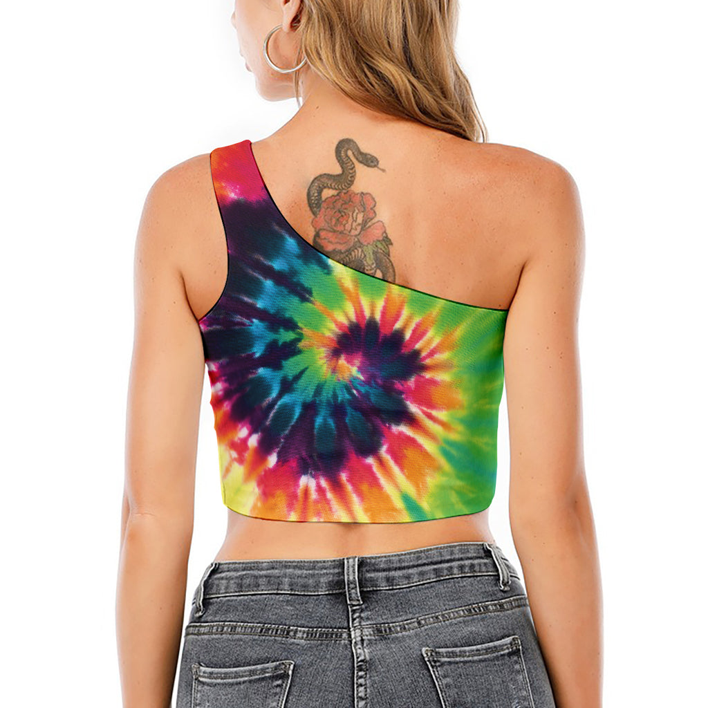 Black And Rainbow Tie Dye Print One Shoulder Crop Top