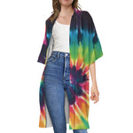 Black And Rainbow Tie Dye Print Open Front Beach Cover Up