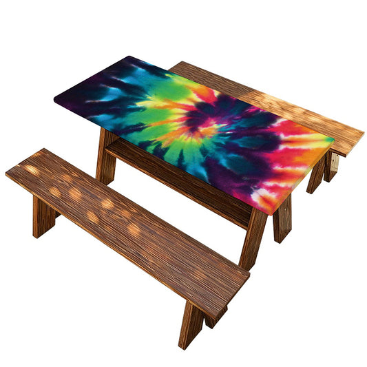 Black And Rainbow Tie Dye Print Picnic Table Cover