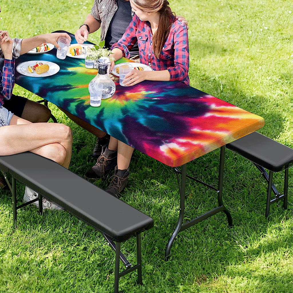 Black And Rainbow Tie Dye Print Picnic Table Cover