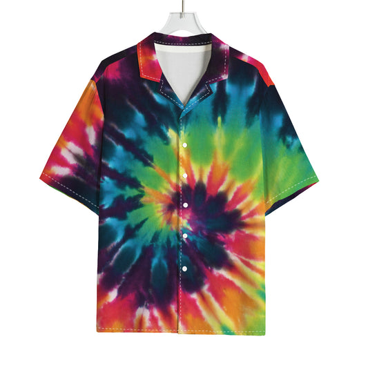Black And Rainbow Tie Dye Print Rayon Hawaiian Shirt