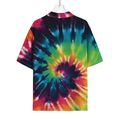 Black And Rainbow Tie Dye Print Rayon Hawaiian Shirt