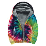 Black And Rainbow Tie Dye Print Sherpa Lined Zip Up Hoodie