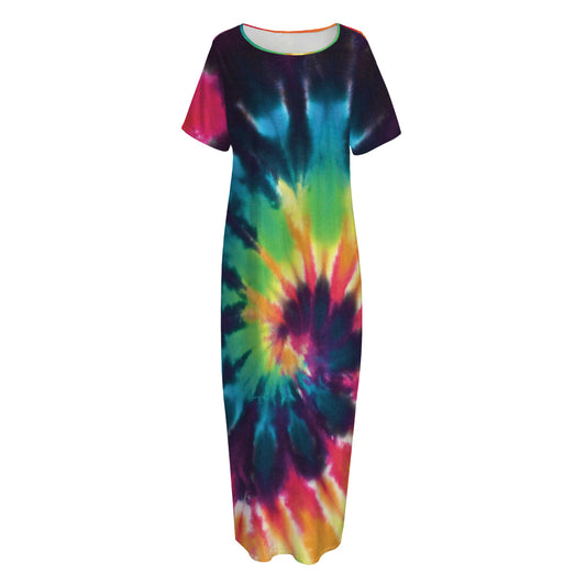 Black And Rainbow Tie Dye Print Short Sleeve Long Nightdress