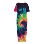 Black And Rainbow Tie Dye Print Short Sleeve Long Nightdress