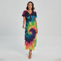 Black And Rainbow Tie Dye Print Short Sleeve Maxi Dress