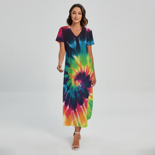 Black And Rainbow Tie Dye Print Short Sleeve Maxi Dress