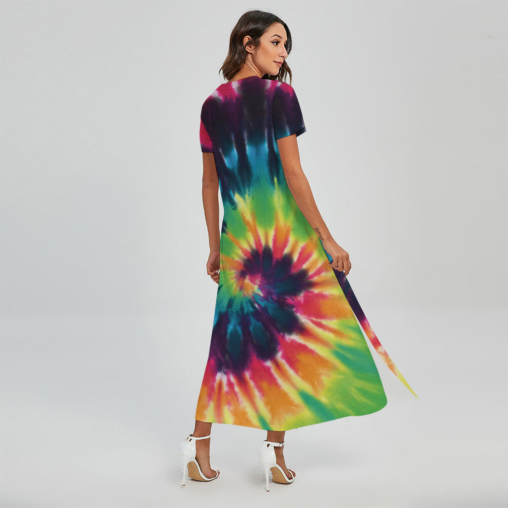 Black and Rainbow Tie Dye Print Short Sleeve Maxi Dress