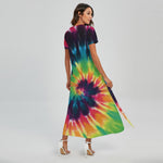 Black And Rainbow Tie Dye Print Short Sleeve Maxi Dress