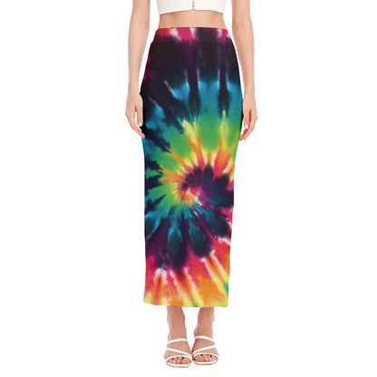 Black And Rainbow Tie Dye Print Side Slit Maxi Skirt