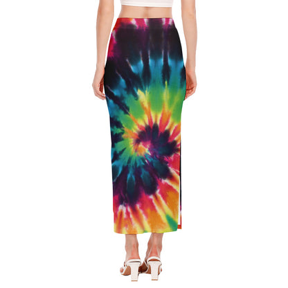 Black And Rainbow Tie Dye Print Side Slit Maxi Skirt