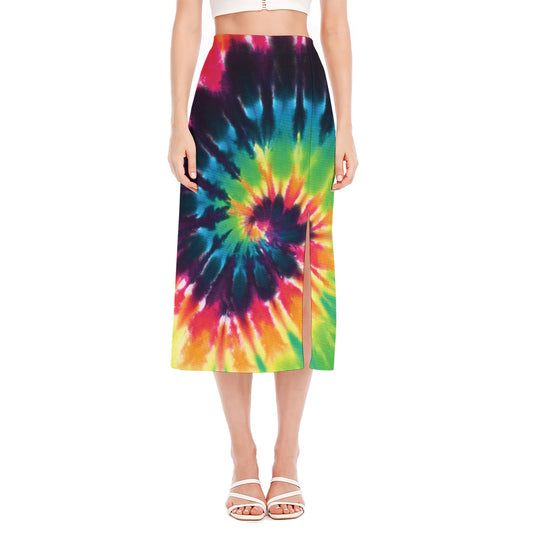 Black And Rainbow Tie Dye Print Side Slit Midi Skirt