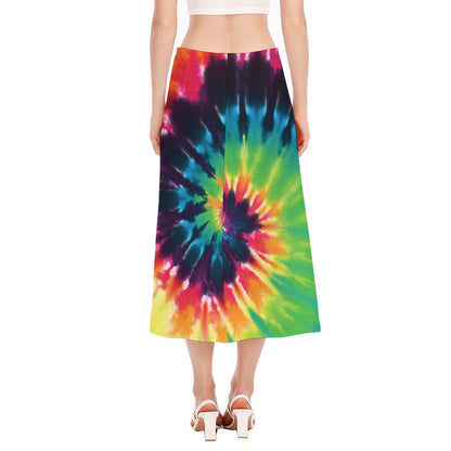 Black And Rainbow Tie Dye Print Side Slit Midi Skirt