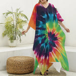 Black And Rainbow Tie Dye Print Silk V-Neck Kaftan Dress