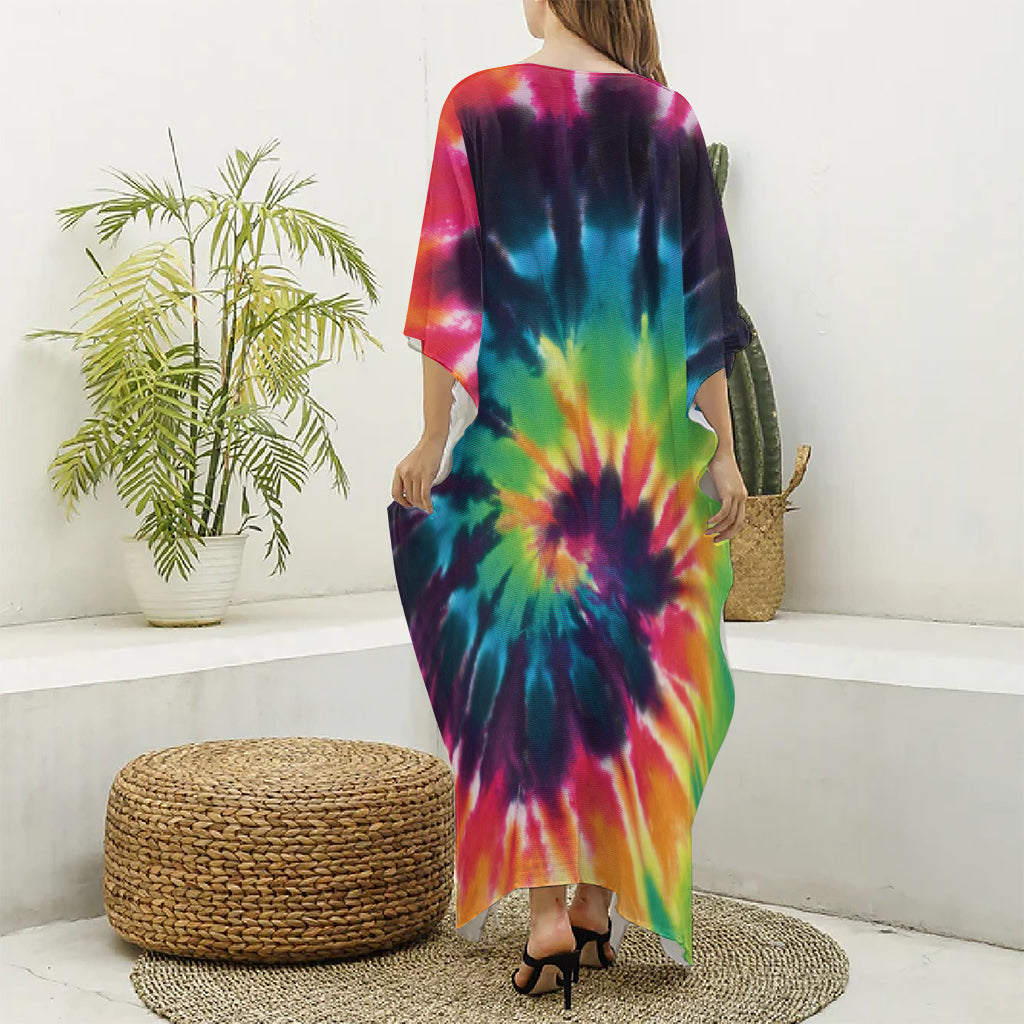 Black And Rainbow Tie Dye Print Silk V-Neck Kaftan Dress
