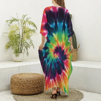Black And Rainbow Tie Dye Print Silk V-Neck Kaftan Dress