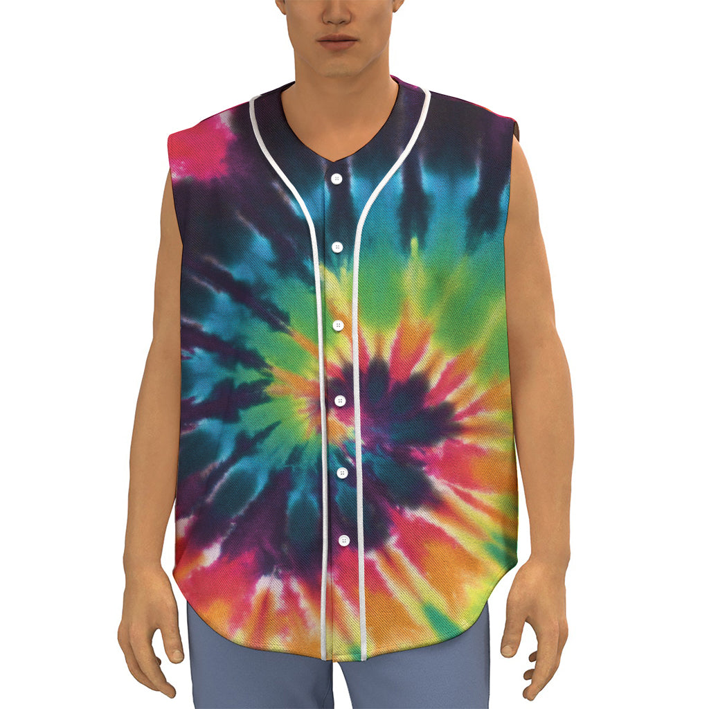 Black And Rainbow Tie Dye Print Sleeveless Baseball Jersey