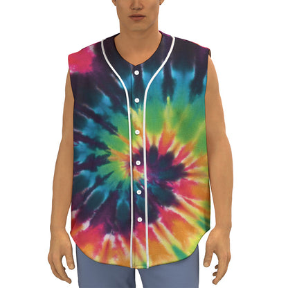 Black And Rainbow Tie Dye Print Sleeveless Baseball Jersey