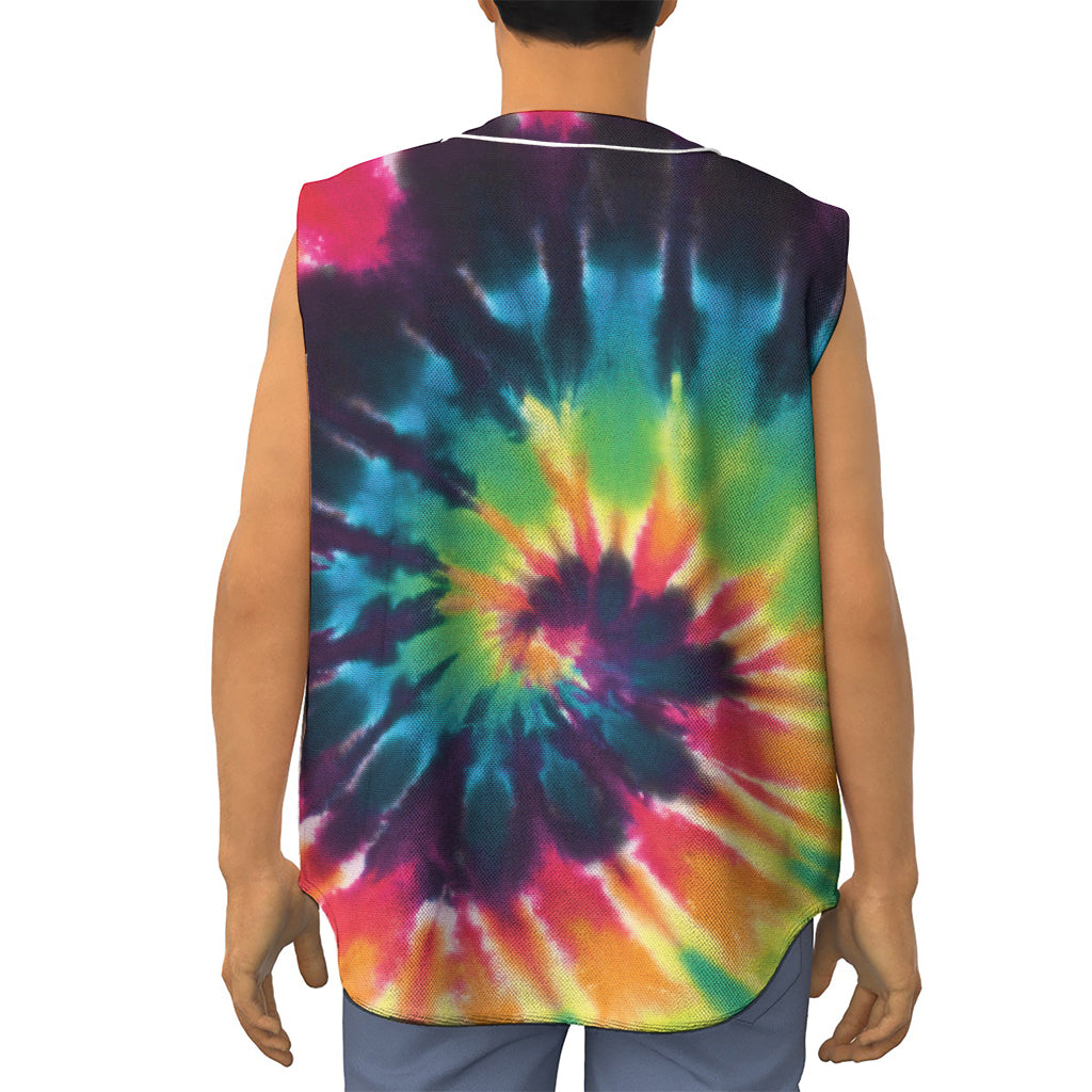 Black And Rainbow Tie Dye Print Sleeveless Baseball Jersey