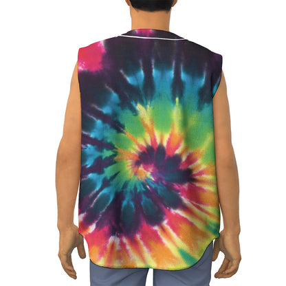 Black And Rainbow Tie Dye Print Sleeveless Baseball Jersey