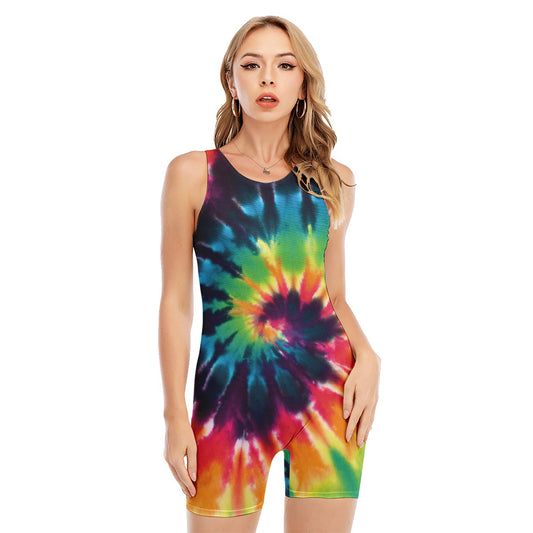 Black And Rainbow Tie Dye Print Sleeveless One Piece Swimsuit