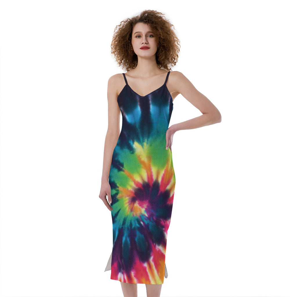 Black And Rainbow Tie Dye Print Slim Fit Midi Cami Dress