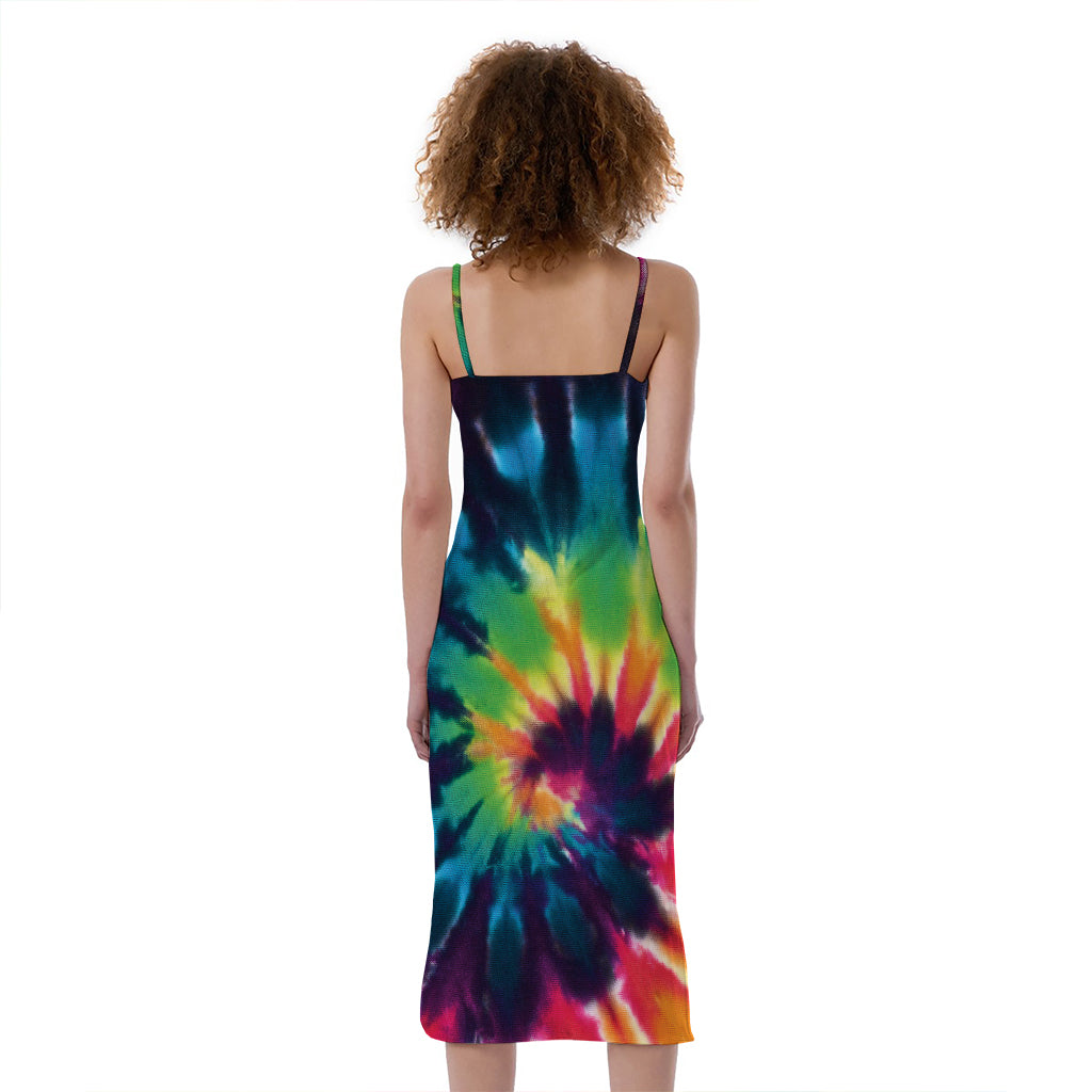 Black And Rainbow Tie Dye Print Slim Fit Midi Cami Dress