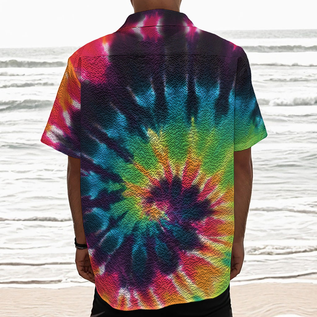 Black And Rainbow Tie Dye Print Textured Short Sleeve Shirt
