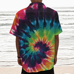 Black And Rainbow Tie Dye Print Textured Short Sleeve Shirt