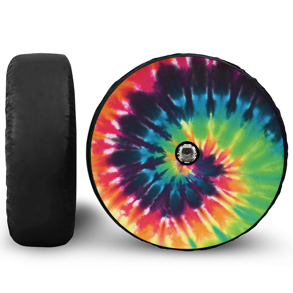 Black And Rainbow Tie Dye Print Tire Cover With Camera Hole