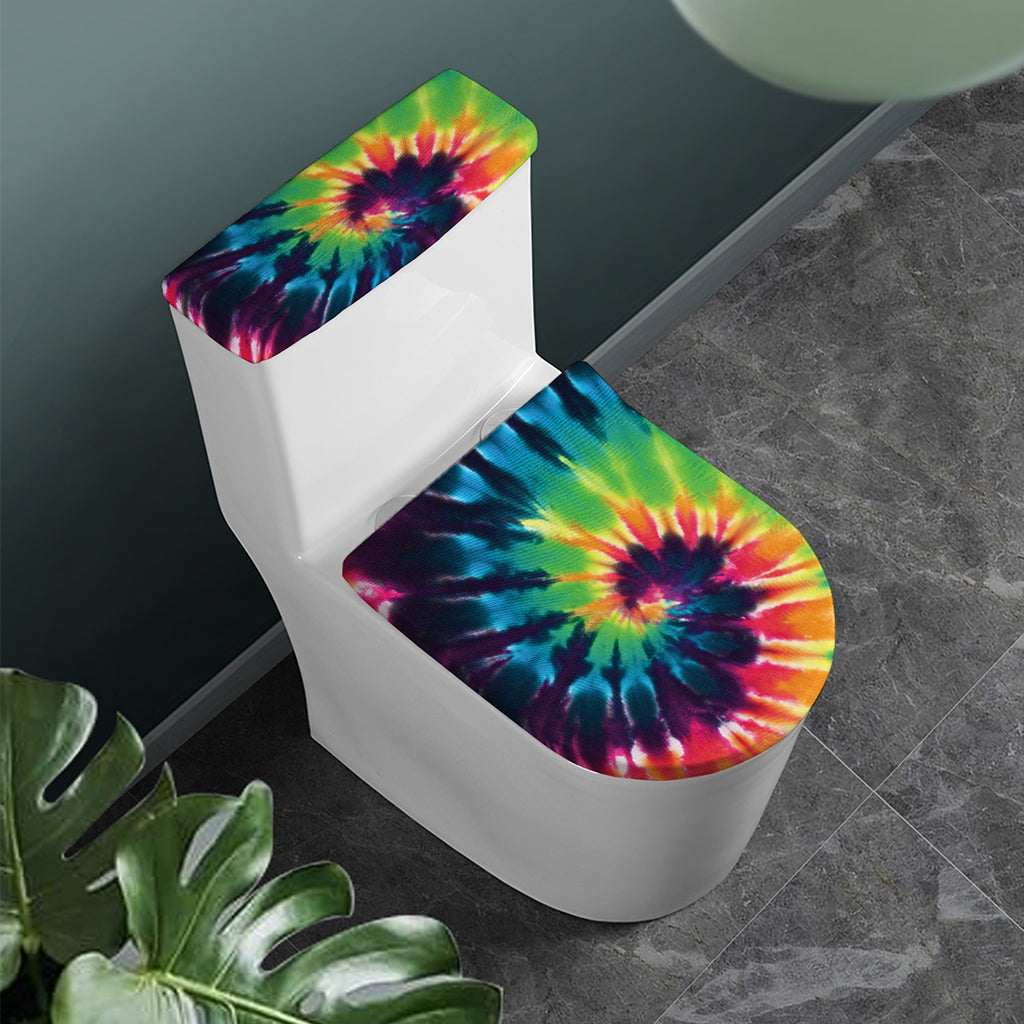 Black And Rainbow Tie Dye Print Toilet Lid And Tank Cover Set
