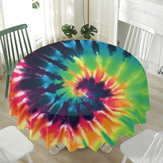 Black And Rainbow Tie Dye Print Waterproof Round Tablecloth