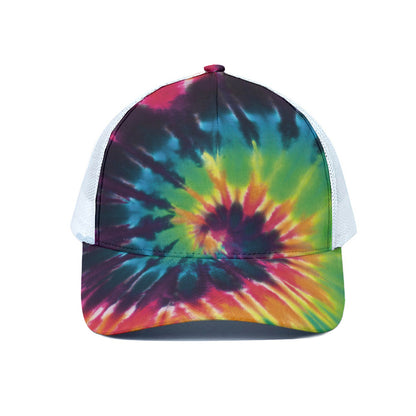 Black And Rainbow Tie Dye Print White Mesh Trucker Cap