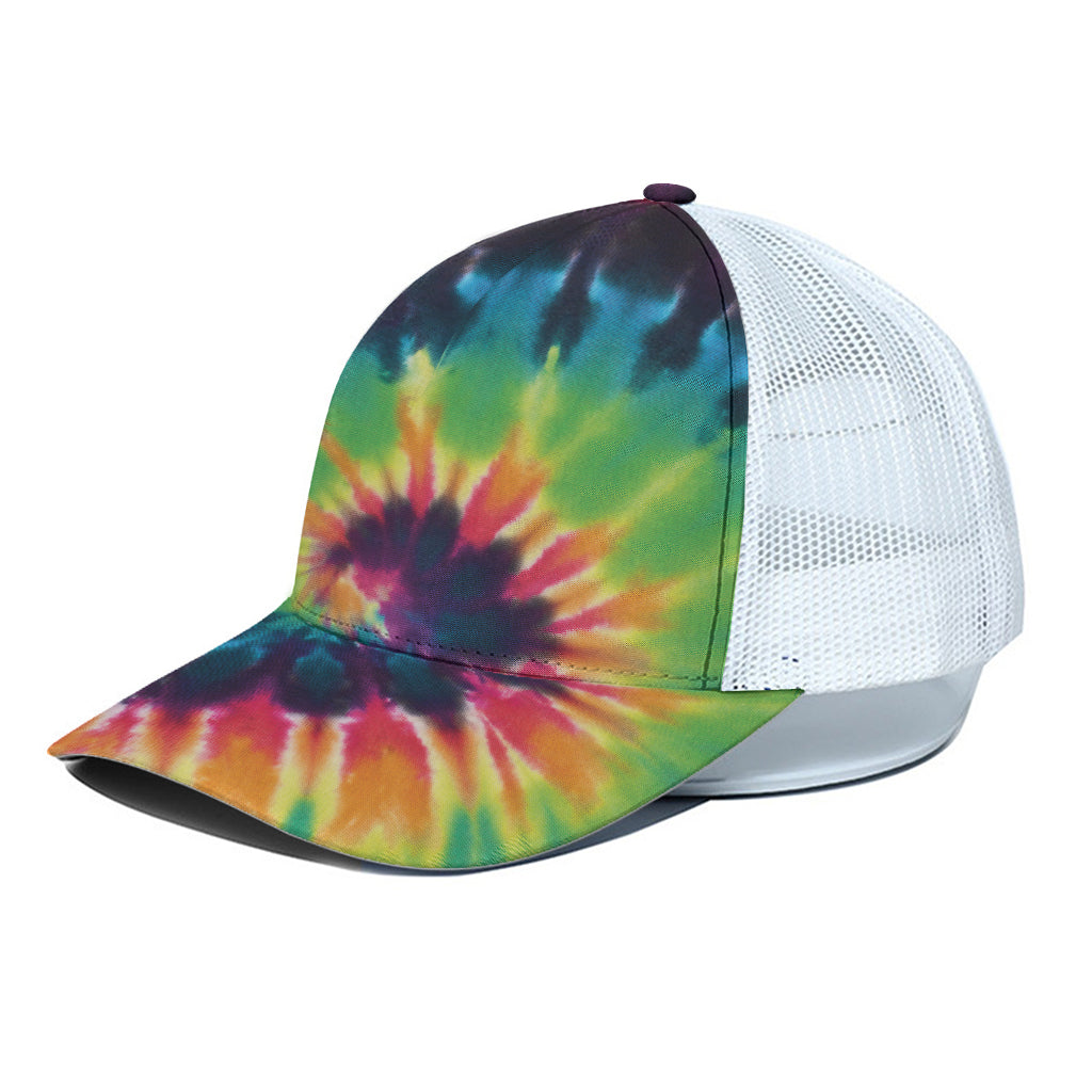 Black And Rainbow Tie Dye Print White Mesh Trucker Cap