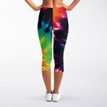 Black And Rainbow Tie Dye Print Women's Capri Leggings