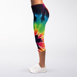 Black And Rainbow Tie Dye Print Women's Capri Leggings