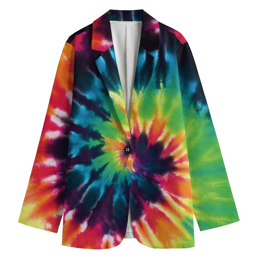 Black And Rainbow Tie Dye Print Women's Cotton Blazer