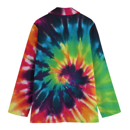 Black And Rainbow Tie Dye Print Women's Cotton Blazer