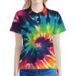 Black And Rainbow Tie Dye Print Women's Polo Shirt