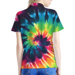 Black And Rainbow Tie Dye Print Women's Polo Shirt