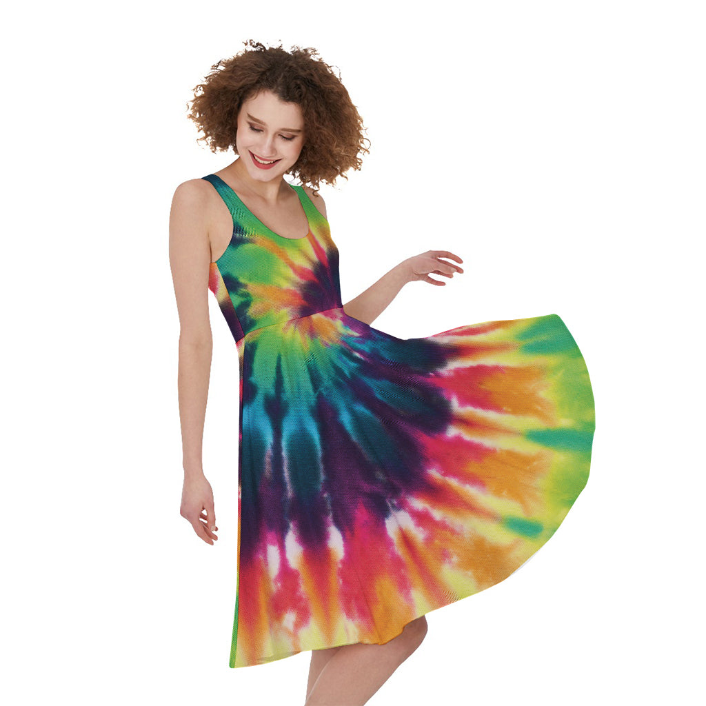 Black And Rainbow Tie Dye Print Women's Sleeveless Dress