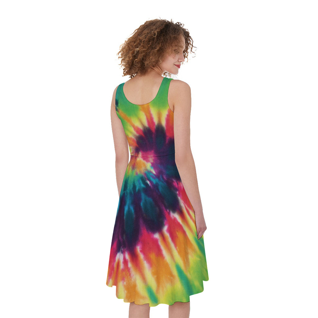 Black And Rainbow Tie Dye Print Women's Sleeveless Dress