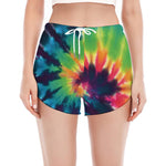 Black And Rainbow Tie Dye Print Women's Split Running Shorts