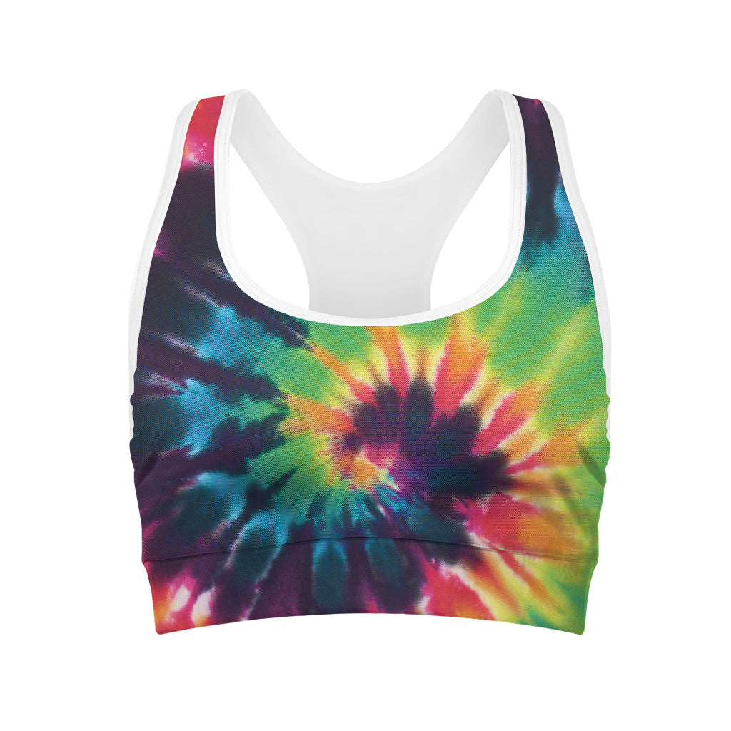 Black And Rainbow Tie Dye Print Women's Sports Bra