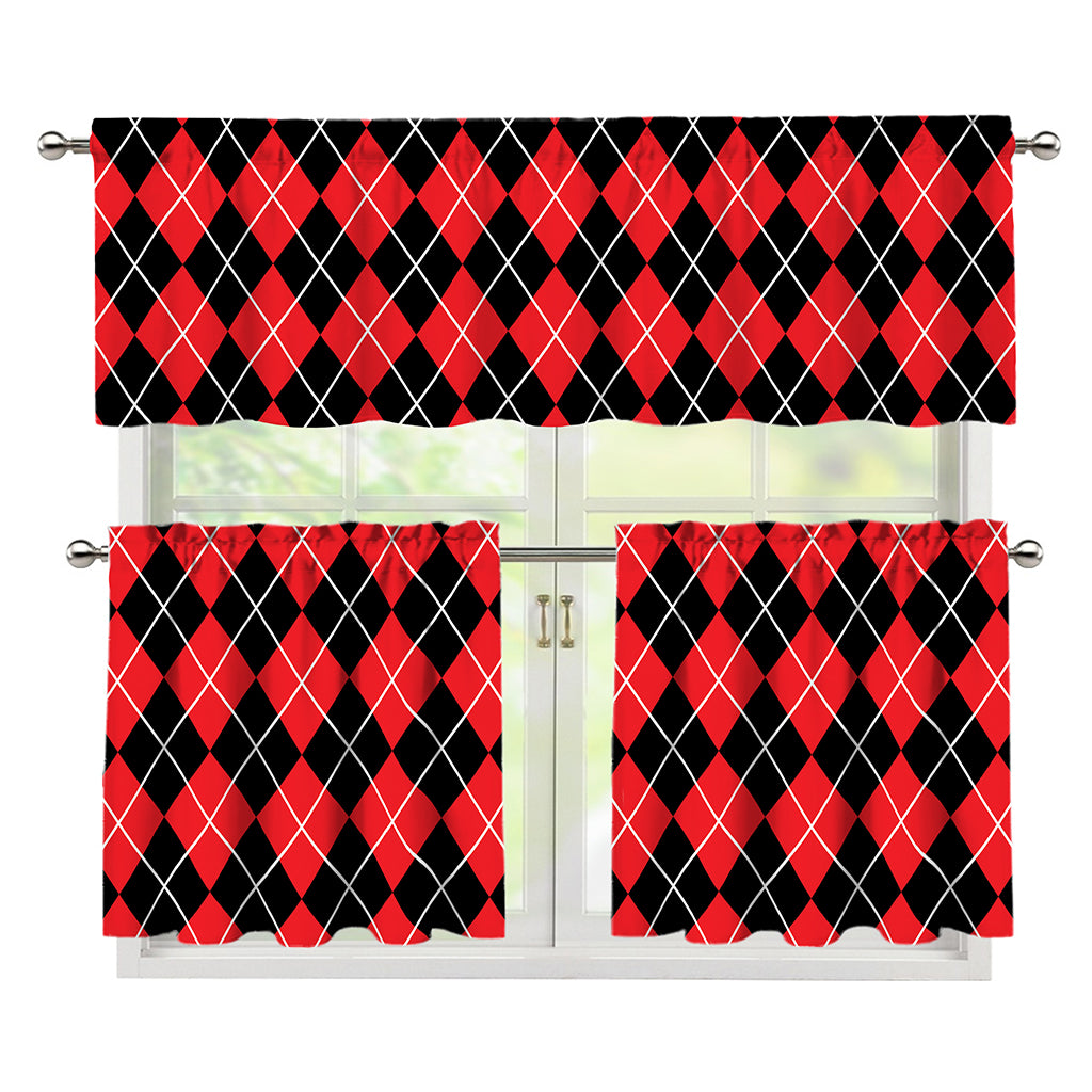 Black And Red Argyle Pattern Print 3 Piece Kitchen Curtains