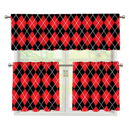 Black And Red Argyle Pattern Print 3 Piece Kitchen Curtains