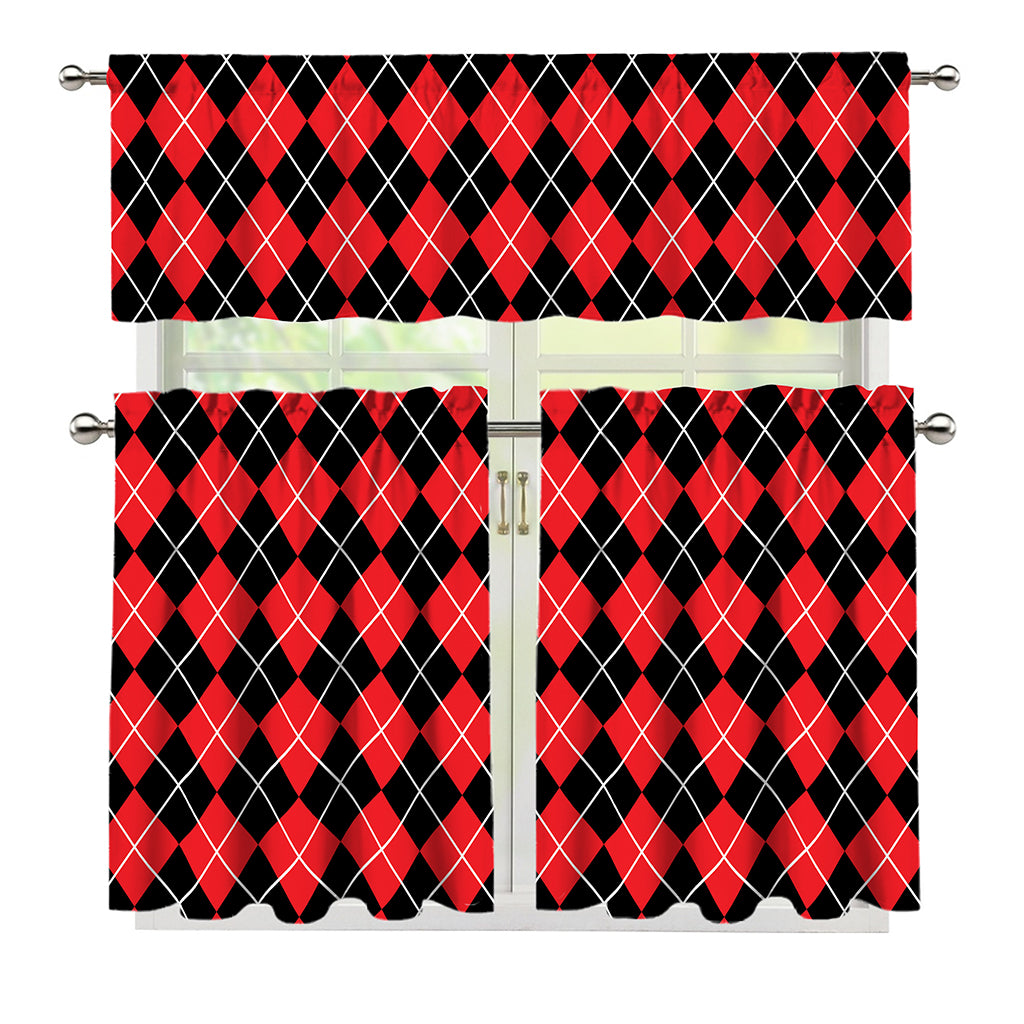 Black And Red Argyle Pattern Print 3 Piece Kitchen Curtains